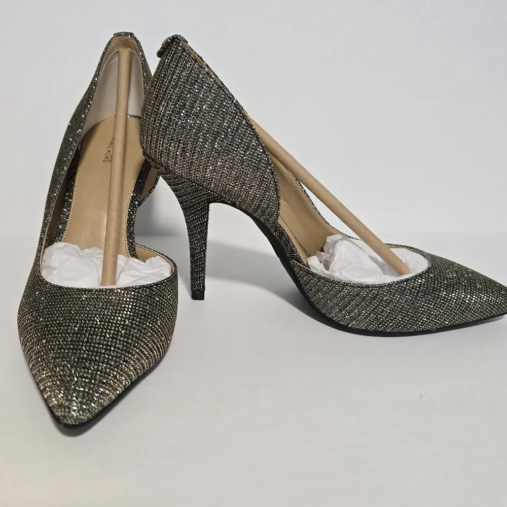 New Michael Kors Nathalie Flex High Pump Black Gold Glitter Mesh, Size 7.5M - Picture 1 of 17